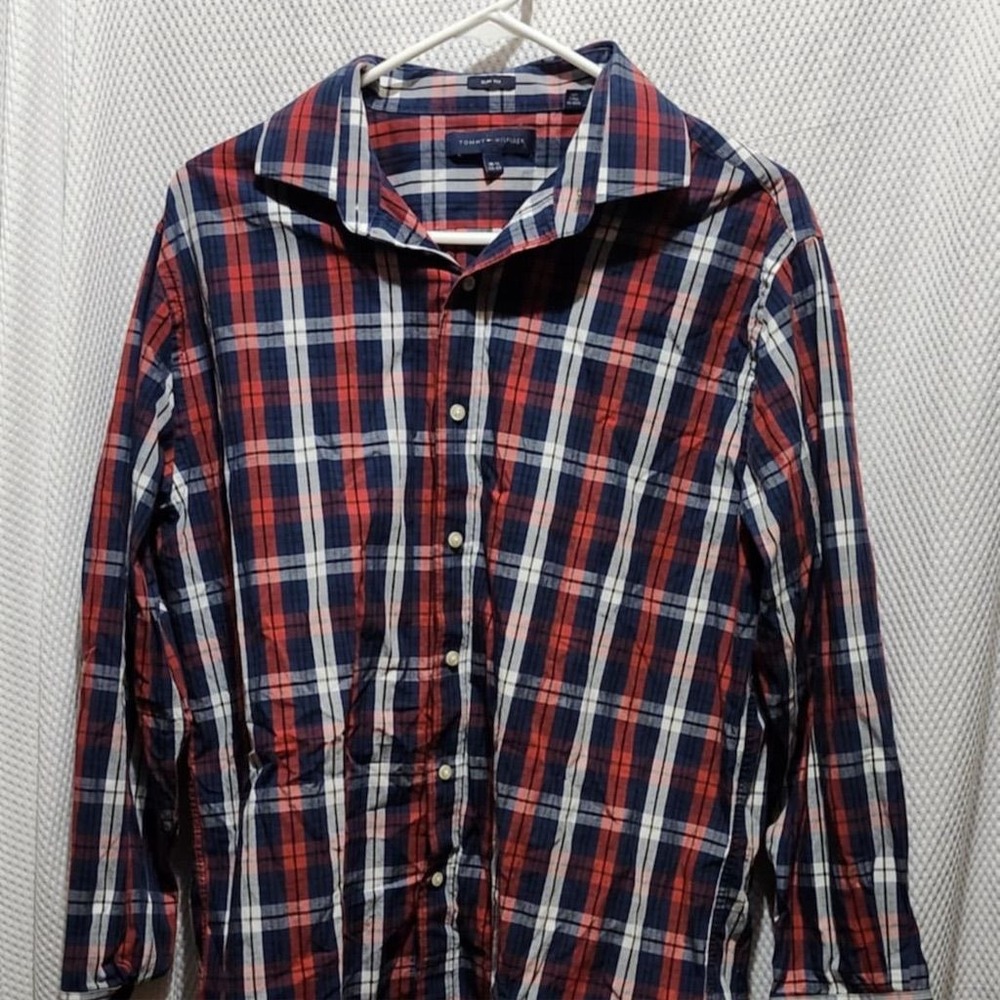 Tommy Hilfiger Men's Plaid Long Sleeve Shirt Size 16 1/2 x 33 M R/W/B slim fit
